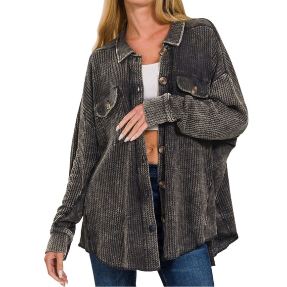 Tops - WOMENS COTTON WAFFLE
SHACKET - ACID WASH - ASH BLACK NWT
